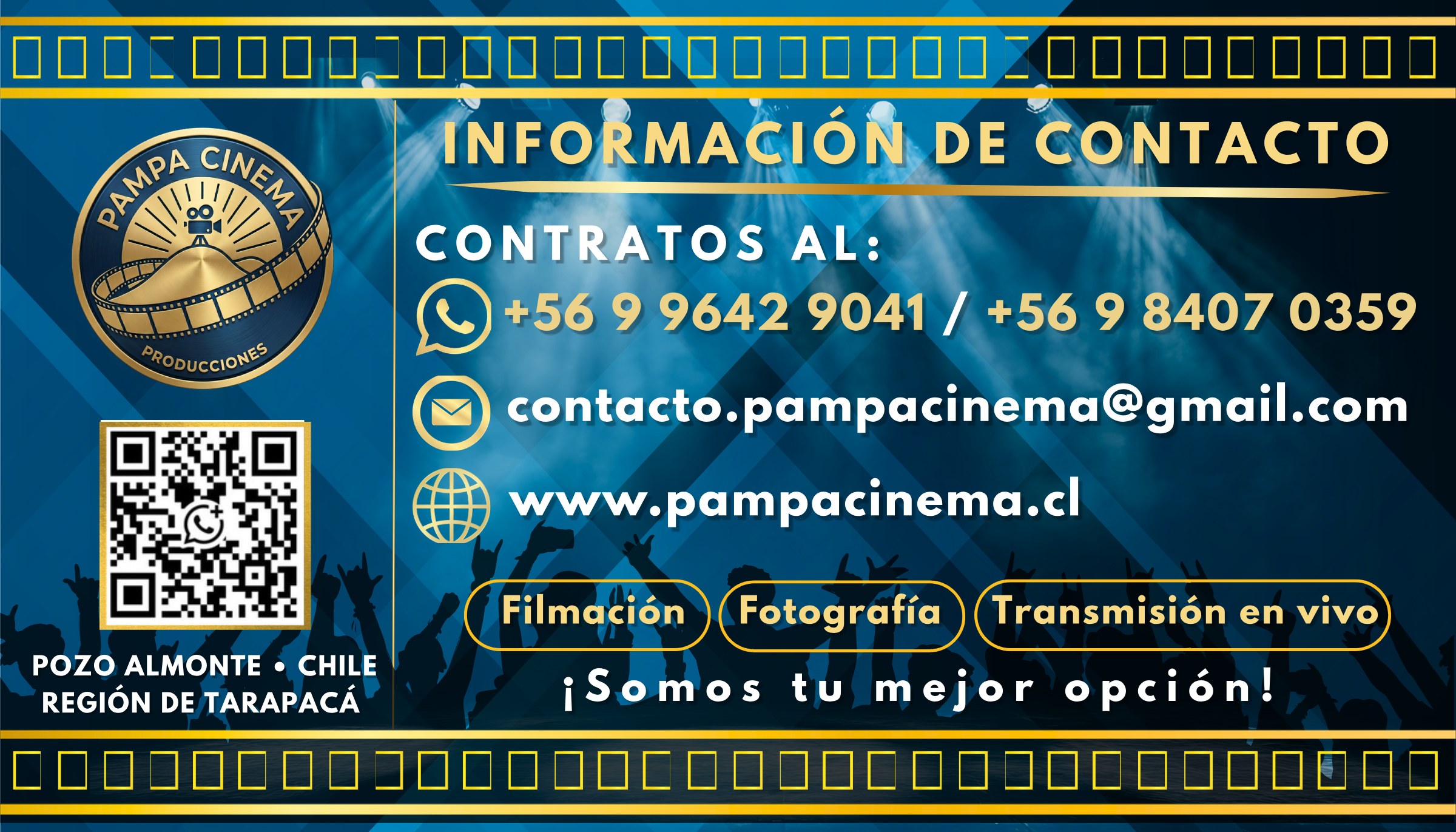Contacto: WhatsApp +56 9 9642 9041, contacto.pampacinema@gmail.com, www.pampacinema.cl